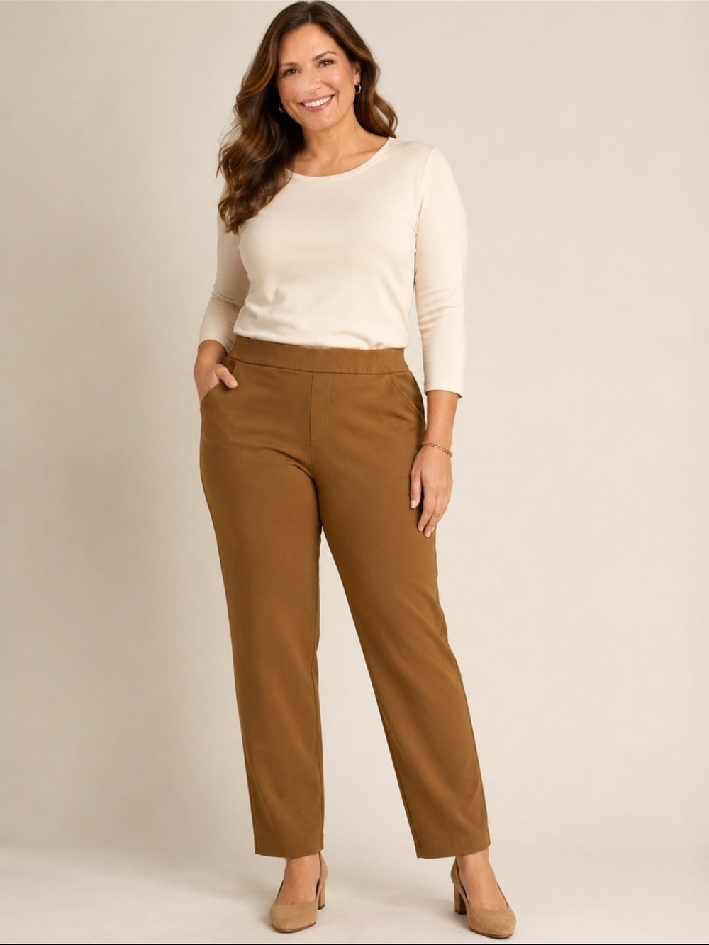 Susan Graver Women’s Pull On Pants Plus 
Sz 1X Camel Brown Straight Leg Stretch